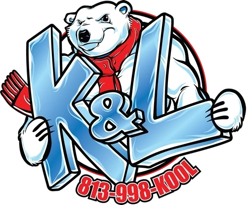 K and L Air Conditioning: a polar bear in a red scarf hugging ice-block letters K and L
